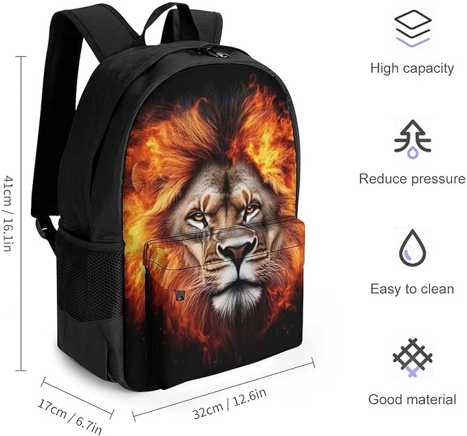 Men Women Polyester Cool Flaming Lion Fire Art Backpack Large Capacity Bookbag With Smooth Zippers for Climbing Picnic Bicycle