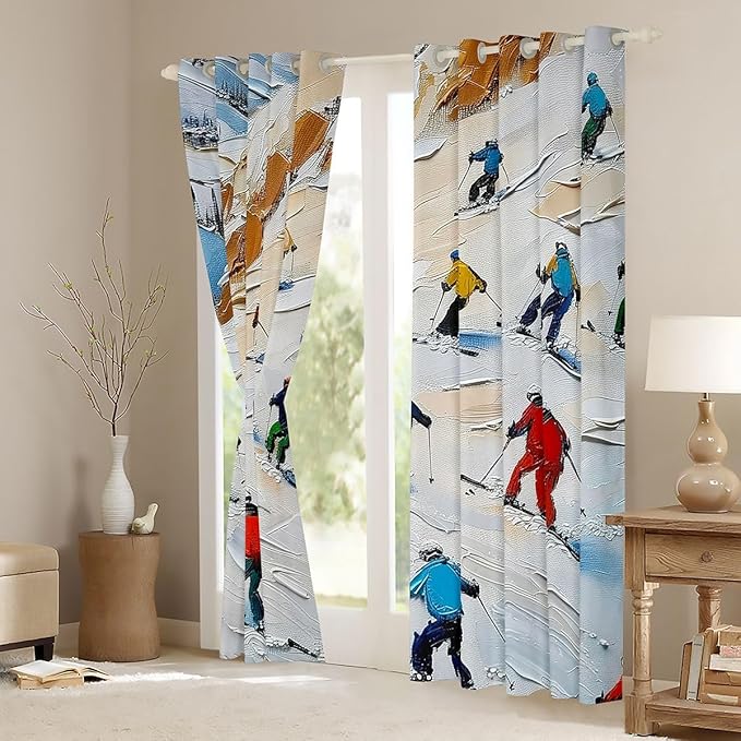 Manfei Skiing Kids Blackout Curtains,Ski Winter Extreme Sports Game Boys Girls Room Decor,Mountain Snowboarding Outdoor Window Drapes,Blue Red 2 Panels,42Wx90L inch