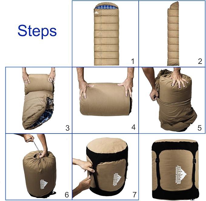AGEMORE 0 Degree Canvas Sleeping Bag for Adults, Cotton Flannel Sleeping Bag for Winter Camping, Fishing, Hunting or Traveling, Durable Cotton Canvas Shell and Removable Flannel Liner