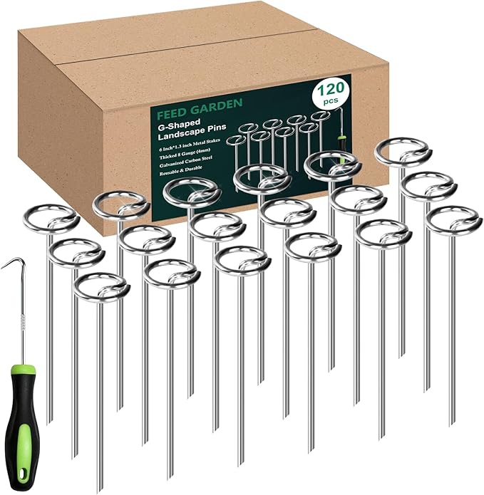 FEED GARDEN 120 Pack Landscape Staples 8 Gauge 6 Inch Galvanized Garden Stakes SOD Pins Yard Lawn Spikes for Plant Cover, Tent, Weed Barrier Fabric, Turf, Inflatable and Outdoor Decoration