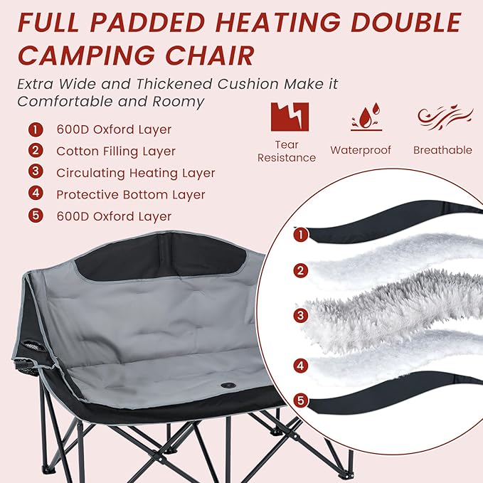 DoCred Heated Double Camping Chair, Heated Folding Camping Chairs Loveseat Outdoor Sports,Heating Oversized Lawn Chairs for Adults,2 Person Camp Chair with 3 Heat Levels, Battery NOT Included