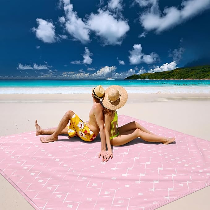 Beach Blanket Waterproof Sandproof, Moroccan Blythe Pink Picnic Blankets, 86''×78'' Large Beach Mat Sand Free for 2-4 Adult, Compact Quick Drying Outdoor Blanket Beach Essentials Must Have
