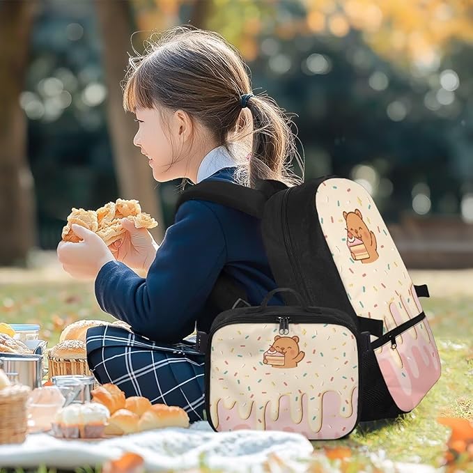 HUGS IDEA Cake Bear Backpack for Girls for School Cute Bookbag for Girls 8-10 Kids Backpack with Lunch Bag Cute School Bag Set for Elementary Students Casual Daypack