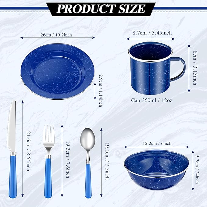 Nuogo 24 Pcs Enamel Camping Tableware Includes 12 oz Coffee Mugs 10.5 Inch Camping Plates 6 Inch Bowls and Utensils Set Includes Knife Fork Spoon for Outdoor RV (Blue)