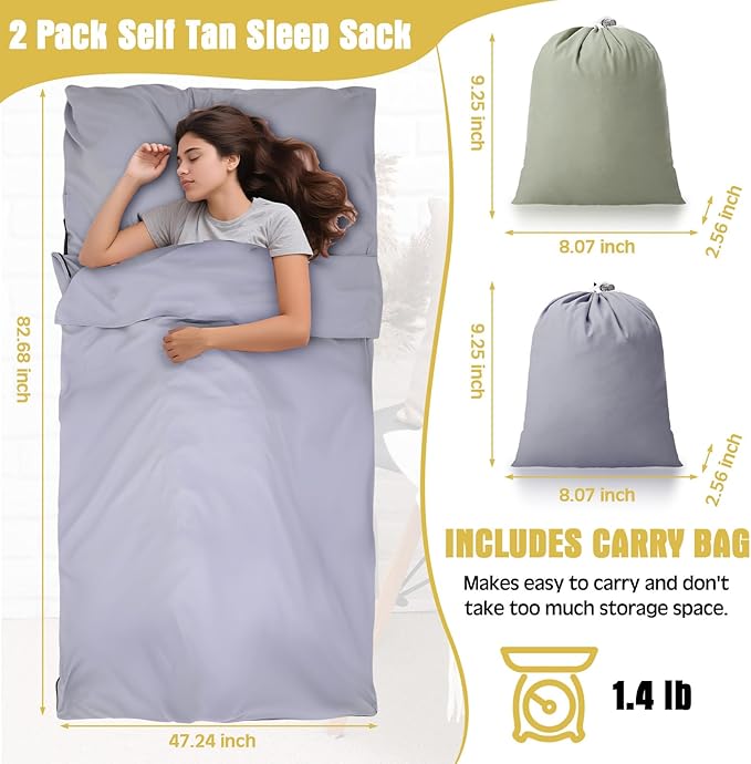 2 Pack Sleeping Bag Liner Portable Polyester Microfiber Adult Sleep Sack with Pocket Bag Travel Self Tan Sheets for Hotel Summer Camping Hiking Business Outdoor Indoor