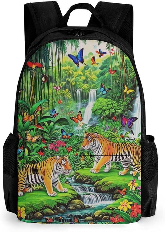Supdreamc Rucksack Anti-Theft Multipurpose Large Capacity Carry On Bag, King Of The Tiger Tropical Rainforest Landscape Jungle Parrot Birds Travel Hiking Bag Day Pack With Side Pockets