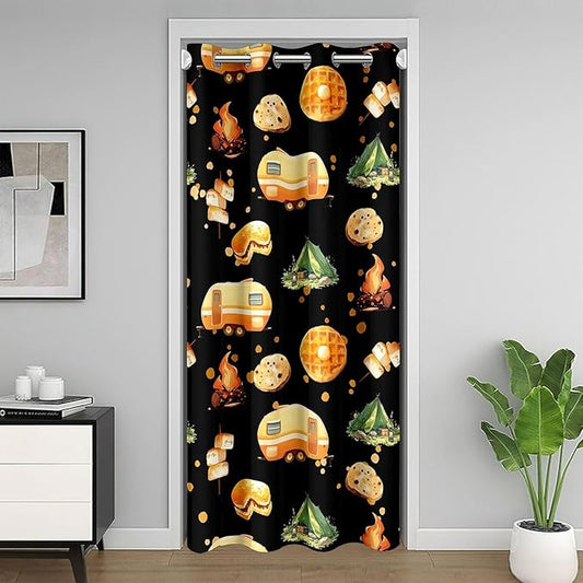 Cartoon Camper Kids Door Curtain,Tent Bonfire Campfire Rustic Farmhouse Blackout Curtain,Picnic RV Nature Camping Bedroom Doorway Living Room Decor,Black Privacy Door Drape 1 Panel,42" W X 80" L