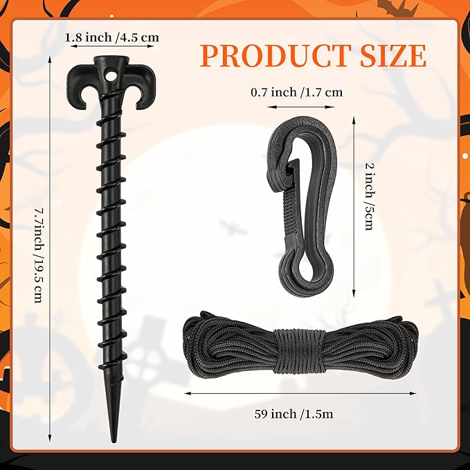 AUGSUN 27 Pieces Plastic Inflatable Stakes Set, Include Tent Stakes, Tethers Ropes and Hooks Heavy Duty Garden Yard Stakes for Halloween Christmas Outdoor Decorations (Black)
