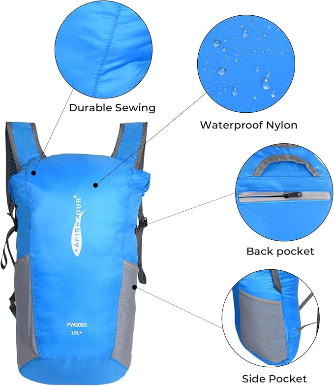 Ultralight Water Resistant Backpack for Men & Women, 15L Packable Hiking Daypack, Roll Top Closure Small Dry Bag Backpack for Cycling,Camping,Skiing, Boating (Blue)