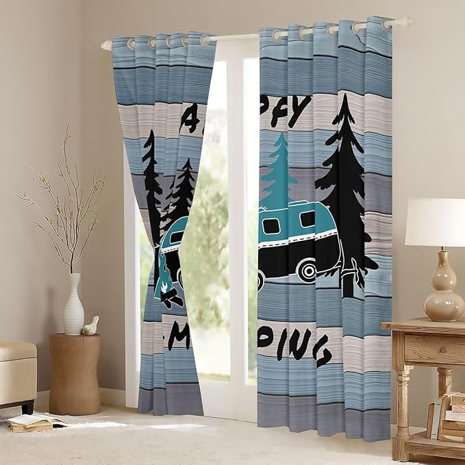 Camper RV Trailer Kids Blackout Curtains,Tent Bonfire Campfire Pine Nature Nursery Bedroom Playroom Decor,Wooden Plank Cabin Rustic Window Drapes,Country Blue 2 Panels,52Wx63L inch
