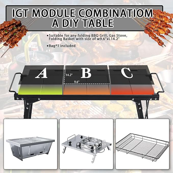 IGT Camping Table with Extended Frames, Portable and Foldable Outdoor IGT Camp Tables, Ultralight Height Adjustable Camp Table with Carry Bag for Car Camping Picnic RV Trip Patio Backyard