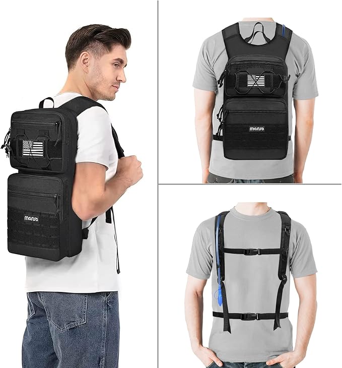 MOSISO Tactical Hydration Pack Backpack, Military Daypack Water Backpack Rucksack Bladder Bag with 3L Water Bladder&Elastic Cord Strap for Outdoor Sports,Hiking,Climbing,Running,Cycling,Biking, Black