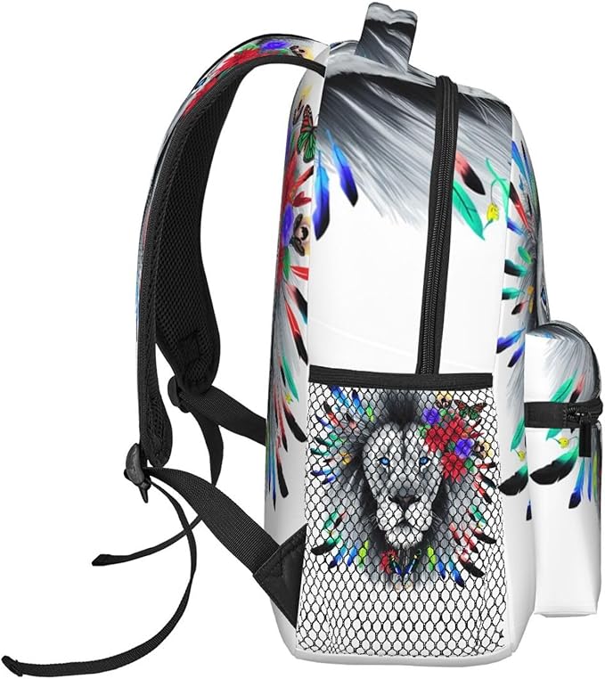 Daypack Backpack Anti-Theft Multipurpose Big Capacity Bookbag, Lion Feather Flower Butterflies Art Business Computer Bag With Side Pockets