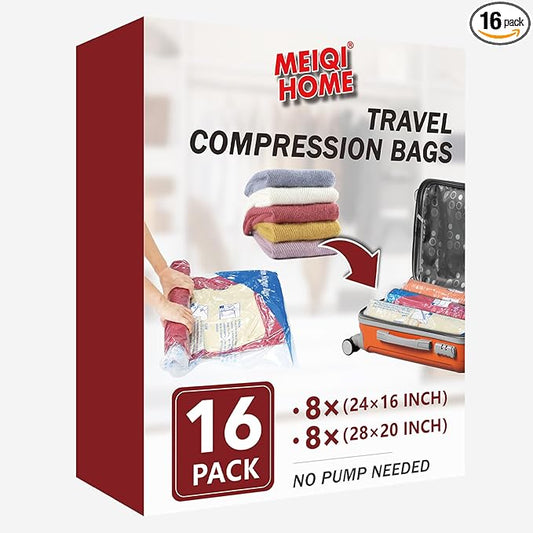 MEIQIHOME Vacuum Storage Bags, Space Saver Sealer Bags for Clothing, Pillows, Comforters, Blankets, Bedding, Travel, 16 Roll Bags, PA+PE Material
