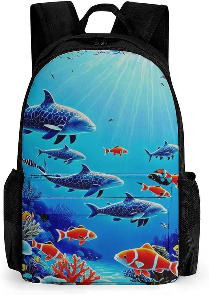 Rucksack Anti-Theft Multipurpose Big Capacity Carry On Bag, Colorful Sea Ocean World Dolphin Tropical Fishes Coral Traveling Camping Backpack With Side Pockets