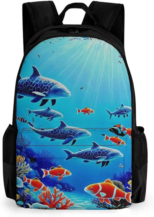 Rucksack Anti-Theft Multipurpose Big Capacity Carry On Bag, Colorful Sea Ocean World Dolphin Tropical Fishes Coral Traveling Camping Backpack With Side Pockets