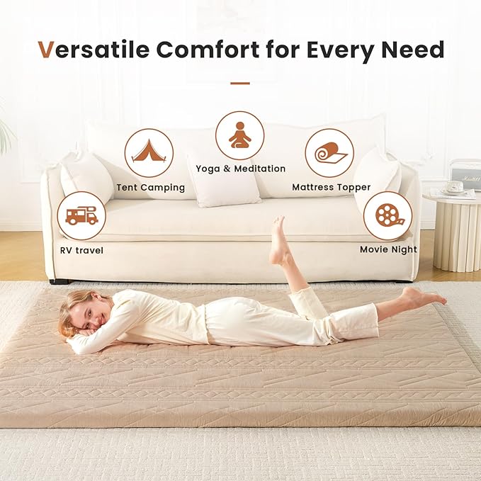 Japanese Floor Mattress Futon Mattress, 100% Cotton Washable Cover, Roll Up 2.5" Thick Tatami Mat, Portable & Foldable Floor Bed Mattress for Sleeping, Guest Room, Dormitory (Twin, Coffee)