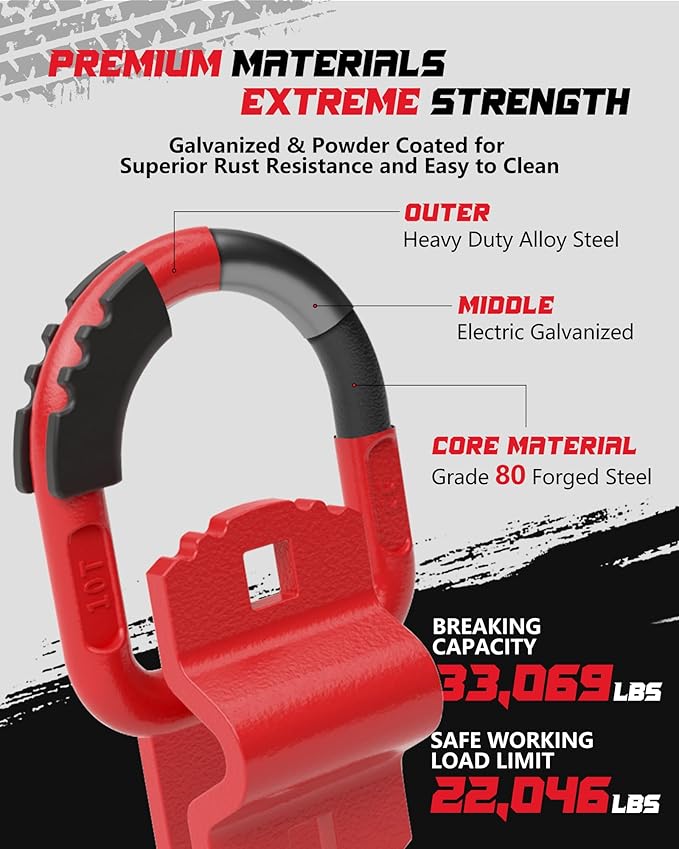 D-Ring Tie Down Anchors with Rubber Isolators, 4 Pack Heavy Duty 10 Ton Capacity Carbon Steel, Bolt-On with Mounting Hardware, Zinc & Powder Coated for Trailer, Truck, Pickup, Garage-Red