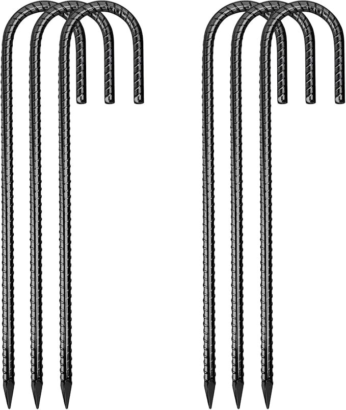 Rebar Stakes, Heavy Duty Metal J Hook Garden Ground Stakes for Camping Tent Canopy (J Shape-Black, J-12 x5/16-6pcs)