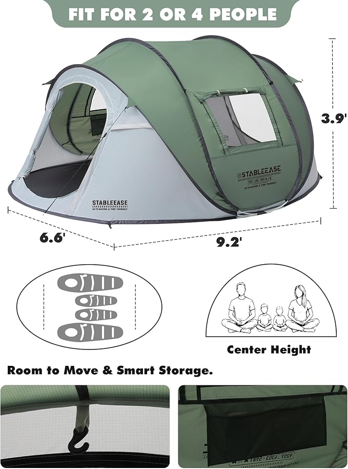 4 Person Instant Pop Up Tent, Automatic Waterproof Windproof Camping Tent with 2 Doors for Outdoor Hiking, Beach & Travel, Portable Family Tent with Carry Bag for Easy Setup