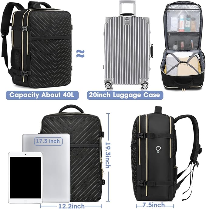 Large Carry On Travel Backpack - Flight Approved Waterproof Luggage Suitcase Backpacks Personal Item Size for Women Men Fit 17 Inch Laptop College Overnight Bag Anti-Theft Weekender Daypack Black Gold