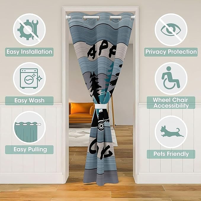 Camper RV Trailer Kids Door Curtain,Tent Bonfire Campfire Pine Nature Blackout Curtain,Wooden Plank Cabin Rustic Bedroom Doorway Living Room Decor,Country Blue Privacy Door Drape 1 Panel,60" W X 80" L