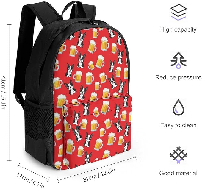 Supdreamc Polyester Daypack Backpack for Climbing Outdoors Running, Big Capacity Multipurpose Anti-Theft Bookbag, Happy New Year Boston Terriers Beer Red Travel Hiking Camping Rucksack