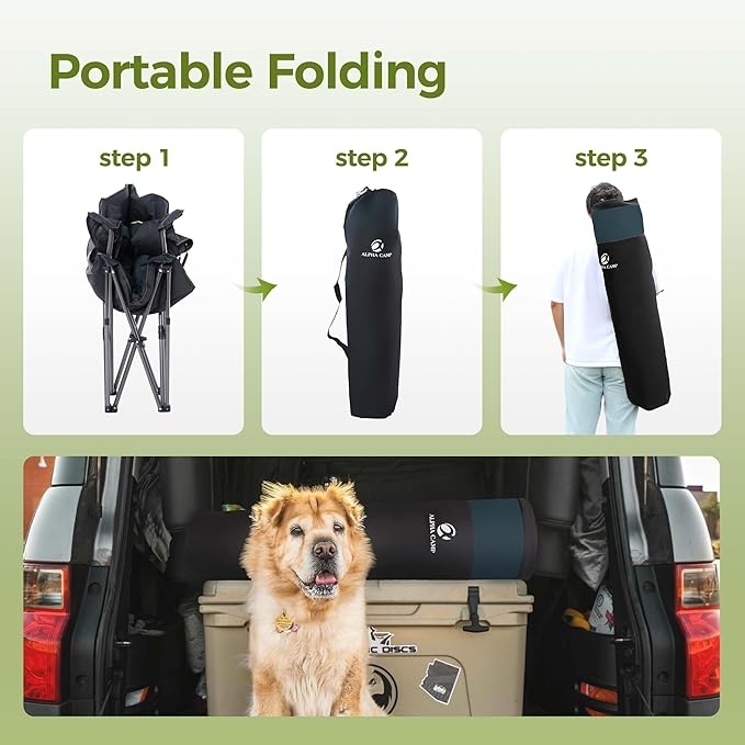 ALPHA CAMP Oversized Camping Chair Heavy Duty Lawn Chair with Cooler Bag Support 450 LBS Steel Frame Collapsible Padded Arm Quad Lumbar Back Folding Chair for Lawn Outdoor