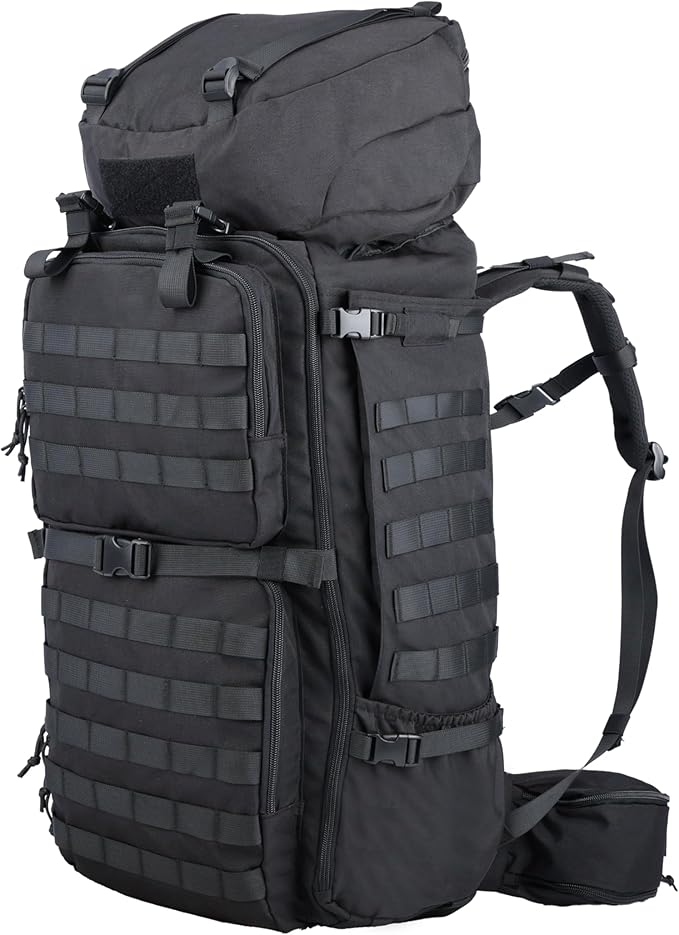 Zsearaymy 75L Hiking MOLLE Backpack with Internal Frame & Rain Cover for Tactical, Camping, Backpacking, Survival Travel (Black)