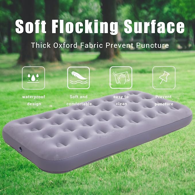 Twin Size Single Camping Air Mattress Bed with Air Pump,75"x 39"Thickened Portable Inflatable Mattress Blow Up Air Mattress,Travel Sleeping Bed Pad for Camping Home Hiking(Gray)