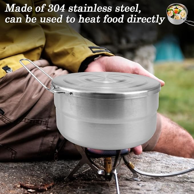 DOERDO Stainless Steel Camping Cook Pot with Lid and Folding Handle, 1.5L Camping Cookware Large Capacity Bento Pot for Outdoor Hiking Picnic