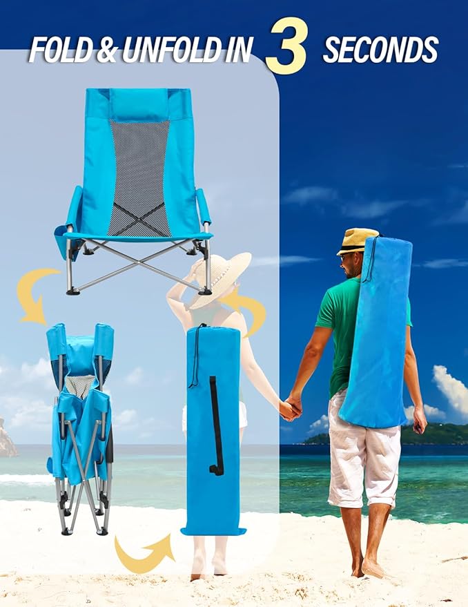 BDL Low Beach Chairs for Adults 2 Pack, Portable Lightweight Folding Chair Cup Holder & Carry Bag, Set of 2 Folding Beach Chair for Outdoor, Sand, Camping, Concert, Travel（Blue）
