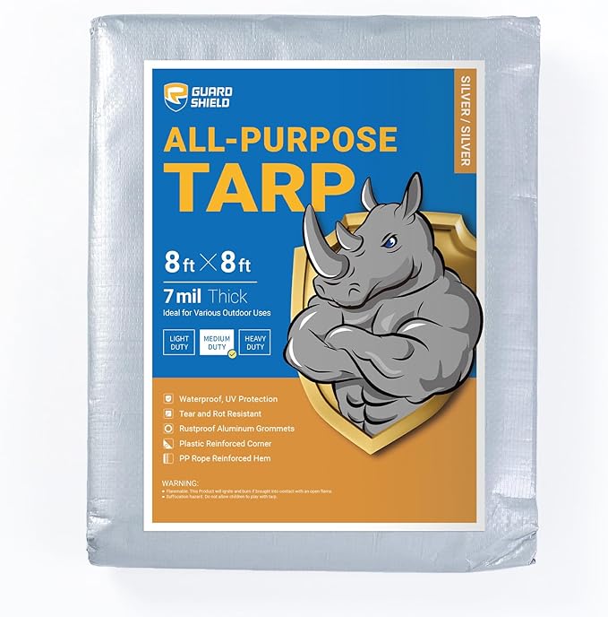 GUARD SHIELD Silver Tarp Waterproof 8x8 Feet Medium Duty All Purpose Poly Tarps Cover 7mil