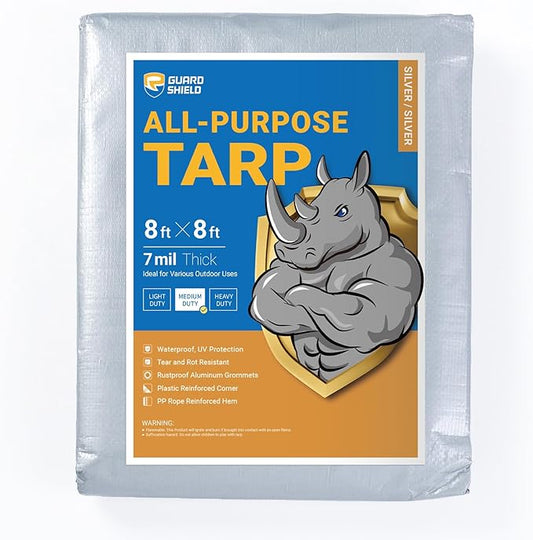 GUARD SHIELD Silver Tarp Waterproof 8x8 Feet Medium Duty All Purpose Poly Tarps Cover 7mil