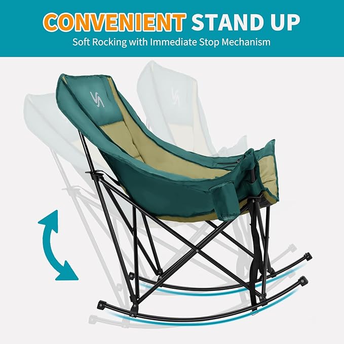 Oversized Rocking Camping Chair for Adults - Padded Recliner Rocker - Folding Lawn Chair with Cooler Bag and Pockets - Portable Rocker Chair Outdoor for Camp Patio Backyard