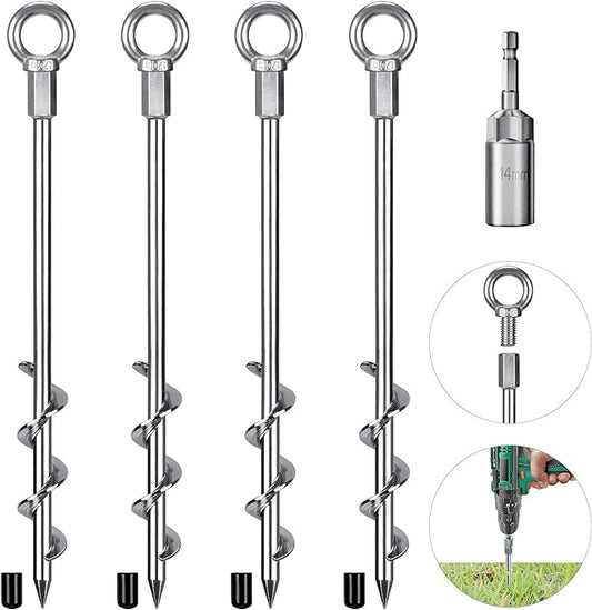 4 Pack Tent Stakes, 12 Inch Heavy Duty Ground Anchors, Fully Welded Spiral Earth Anchors for Camping Tents, Trampolines, Sheds, Swing Sets, Securing Animals