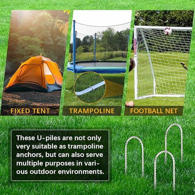 12" Trampoline Stake Anchors high Wind u Stakes for Ground Anchor Heavy Duty Stakes Trampoline Anchors Accessories (Silver-4PCS)