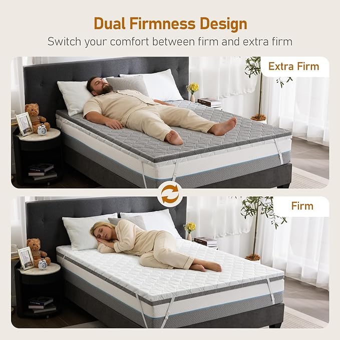 Extra Firm Mattress Topper Queen: 3 Inch Dual Firmness Flippable, Firm to Extra Firm Bed Topper, Double Sides Sleep for Back Pain, Cool Washable Anti-Slip Cover, CertiPUR-US Oeko-Tex Certified 80x60