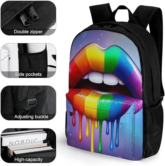 Polyester Daypack Backpack for Climbing Outdoors Running, Big Capacity Multipurpose Anti-Theft Bookbag, Lgbt Gay Homosexual Lesbian Rainbow Lips Travel Hiking Camping Rucksack