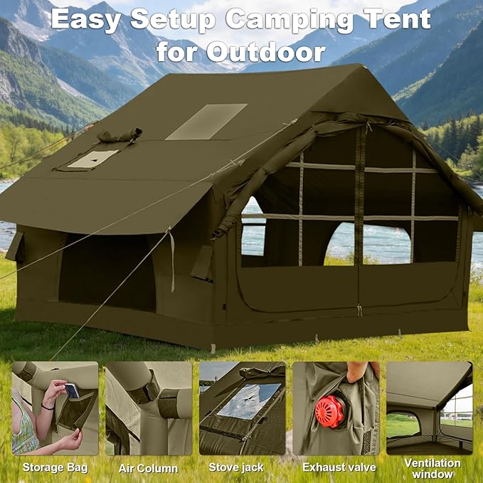Inflatable Camping Tent,2/4/6/8 Person Glamping Inflatable Tents with Awning, Quick Setup Blow Up Tents with Pump, Waterproof Oxford Inflatable House for Camping, Air Glamping Hot Tents for Adult