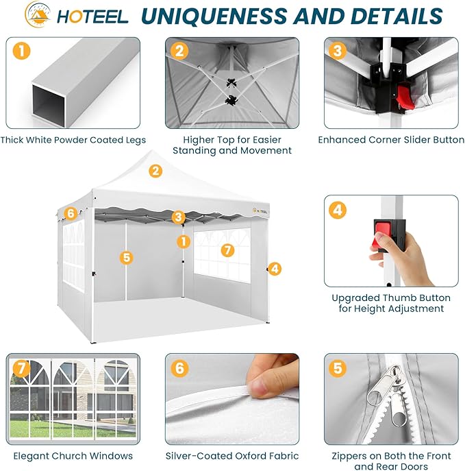 HOTEEL 10x10 Pop Up Canopy Tent with 4 Removable Sidewalls, Sandbags, Stakes & Ropes, UPF 50+ Easy Setup Event Tent Waterproof Outdoor Instant Portable Shelter for Party, Backyard, Vendor, White