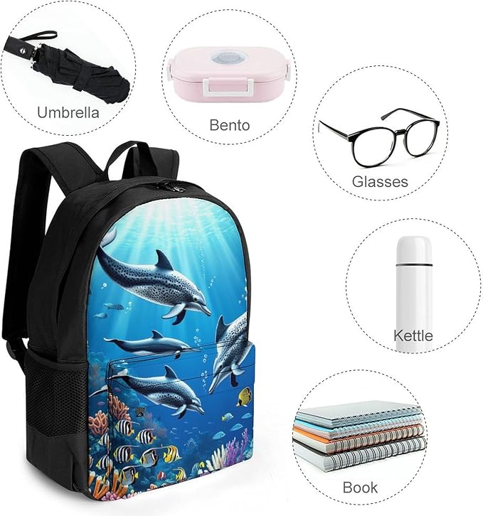 Supdreamc Rucksacks Polyester Anti-Theft Multipurpose Colorful Sea Ocean World Dolphin Tropical Fishes Coral Art Carry On Bag Large Capacity Gym Outdoor Hiking Backpack With Smooth Zippers