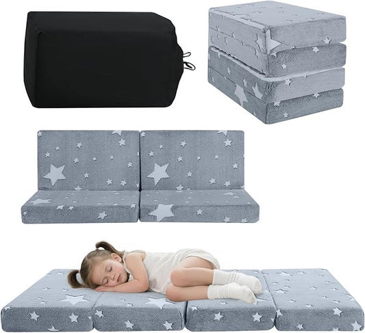MeMoreCool Kids Folding Mattress, Trifold Mat Foldable Floor Mattress for Kids, 63x26 Portable Floor Mat with Washable Cover and Carry Bag, 4 Inch Foam Medium Firmness, Grey Star