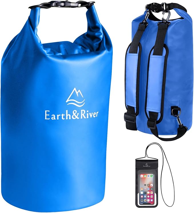 EARTH&RIVER Premium Waterproof Dry Bag Backpack, Extra Thick, Protection for All Water Activities & Camping, Floating Lightweight Dry Bag & IPX8 Waterproof Phone Case (Navy Blue, 10L)