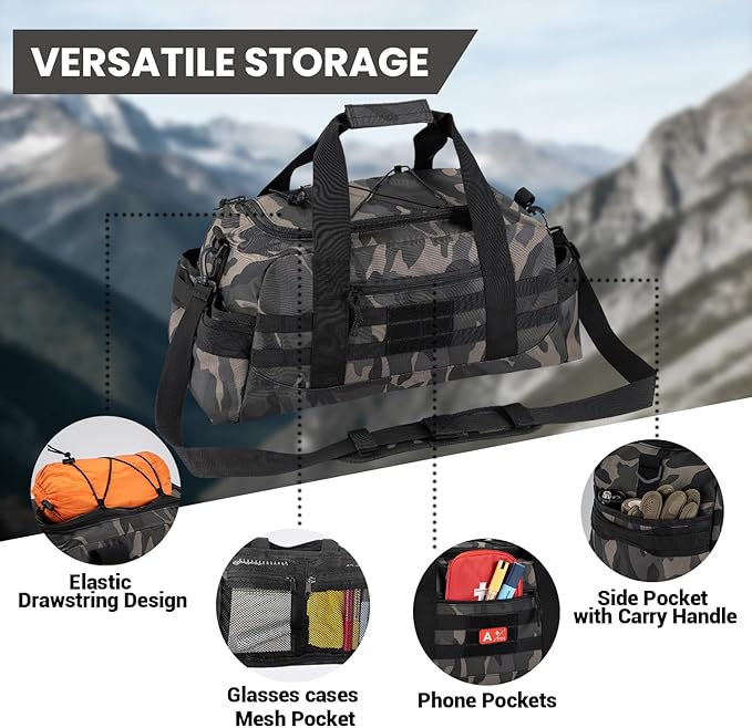 35L Large Duffle Bag, 3-in-1 Tactical Backpack MOLLE Pack for Sports/Gym/Outdoor, Black Camo