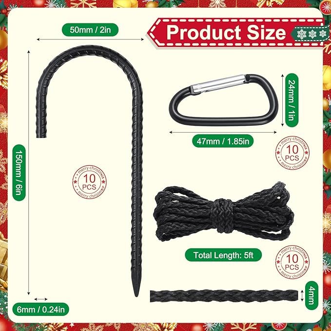 LEIFIDE 30 Pcs Christmas Inflatable Stakes Set, 6 Inch Garden Rebar Stakes Heavy Duty, 10 Ropes and 10 Hooks, Ground Anchors Black Chain Link Fence Stake for Camping Tents Outdoor Garden(J Hook)
