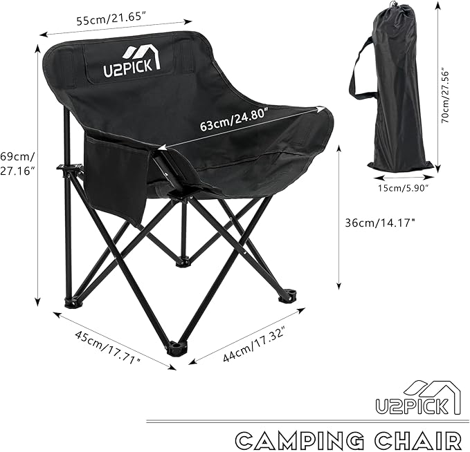 Folding Camping Chairs, Portable Moon Chair Support Up to 330Lbs with Carry Bag, Lightweight Foldable Outdoor Chair with Cup Holder, Black