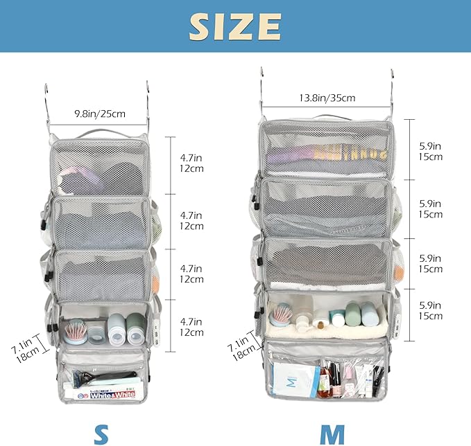 Surblue Travel Hanging Packing Cubes with 2 Hooks Hanging Shelves for Luggage Organizers Portable Compression 4 Shelf Closet Carry-on Suitcases Organizers, Small, Lightgrey