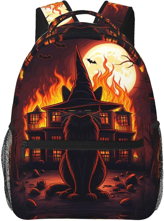 Daypack Backpack Multipurpose Anti-Theft Large Capacity Bookbag, Black Cat Witch Hat Old House Night Art Travel Hiking Camping Rucksack With Adjustable Shoulder Straps
