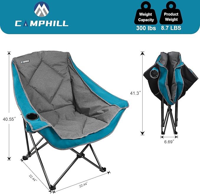 CAMPHILL Folding Camping Chair,Oversized Portable Camping Chair with Cup Holder,Heavy Duty Padded Lawn Chair for Camping,Tailgates,Beach,and Sports,Lake Blue